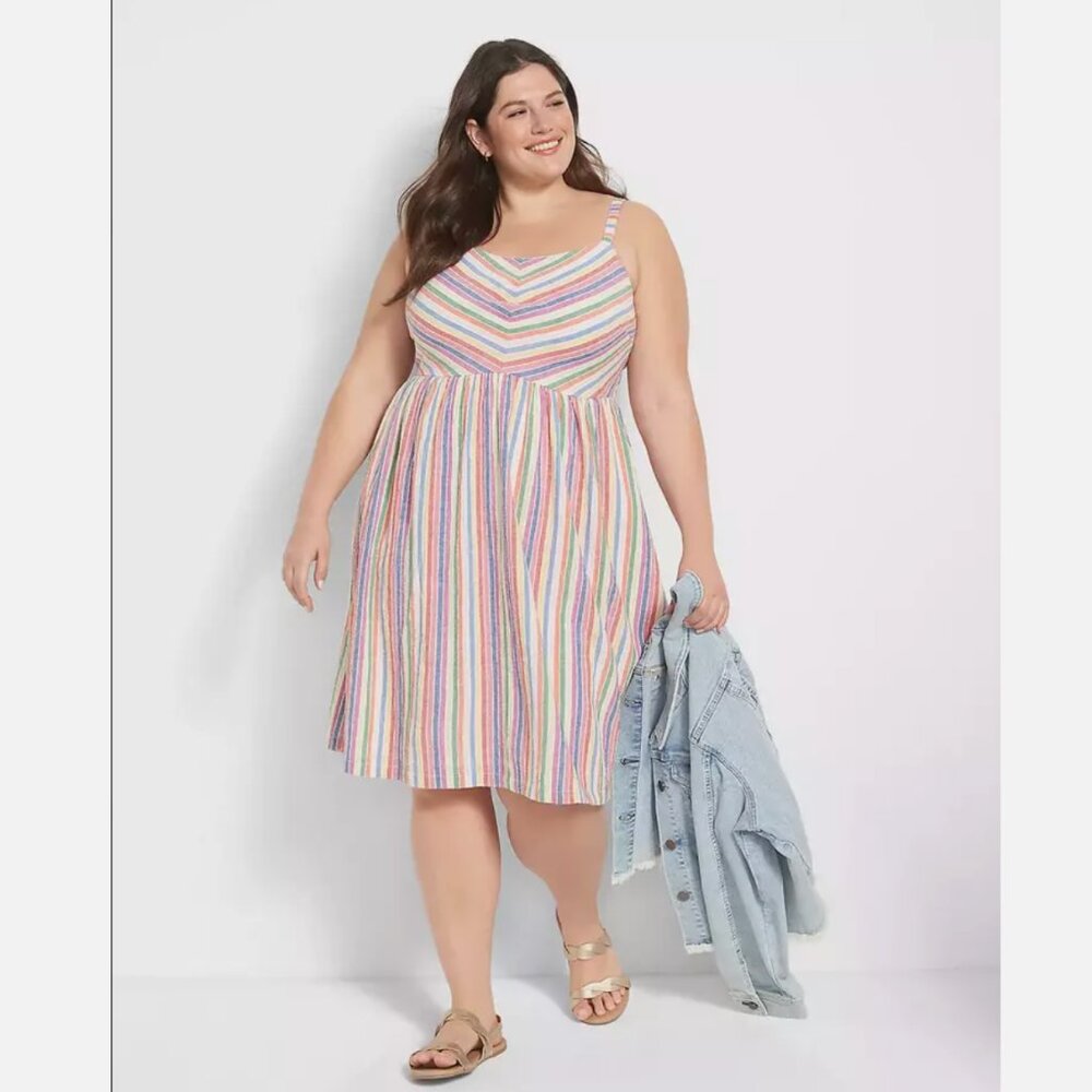 Sleeveless Sweetheart-Neck Rainbow Stripe Fit & Flare Dress SZ 24